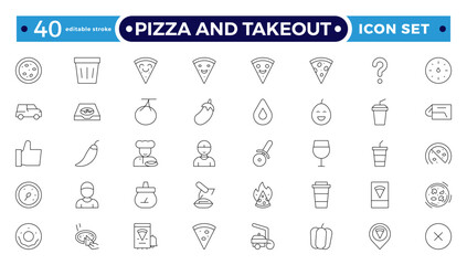 Pizza and takeout. Fast food outline icons. Fast food vector icon line set. Burger sandwich pizza hot dog cola coffee sweets. Editable stroke outline icon.
