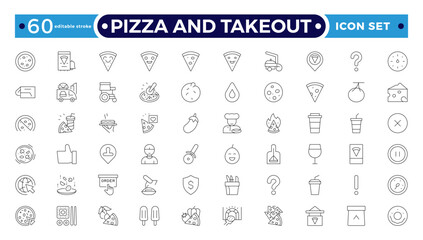 Pizza and takeout. Fast food outline icons. Fast food vector icon line set. Burger sandwich pizza hot dog cola coffee sweets. Editable stroke outline icon.
