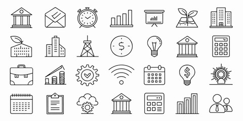 Professional Line Art Icon Set – Elegant Black Outlines for Modern Interfaces