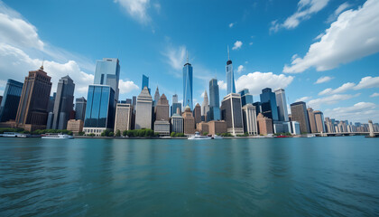 Panoramic view of the new york city skyline with modern skyscrapers and boats on the water