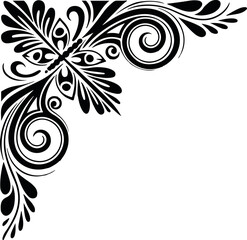 Ornate Black and White Corner Design with Tribal Floral Patterns