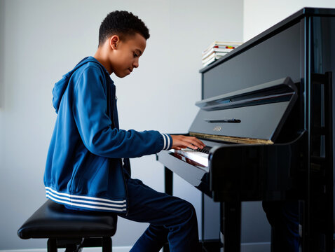 A young african american boy focuses intently as he plays the piano in a bright, modern room, enhancing his musical abilities with a dedicated practice session. Generative AI.