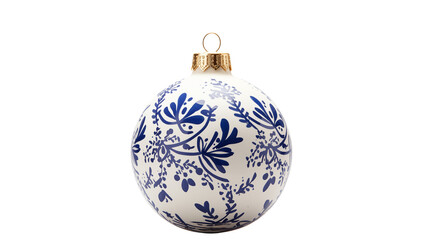 Festive Christmas ornament, a white bauble decorated with blue floral pattern Isolated on transparent Background 