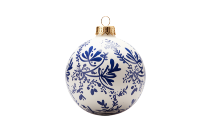 Festive Christmas ornament, a white bauble decorated with blue floral pattern Isolated on transparent Background 