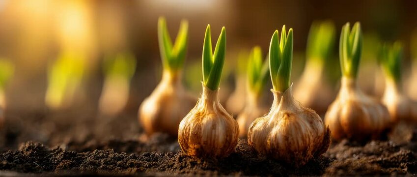 Young garlic bulbs emerging from fertile soil in organic farm under sunlight