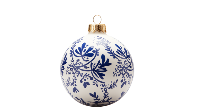 Festive Christmas ornament, a white bauble decorated with blue floral pattern Isolated on transparent Background 