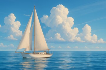 Fototapeta premium Sailboat Floating Calmly on Tranquil Blue Ocean with Fluffy Clouds