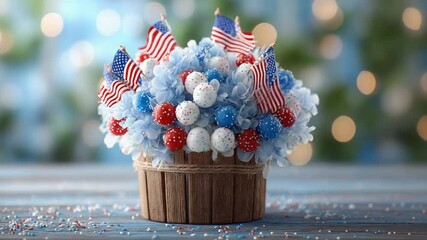 Festive 4th of July Centerpiece with American Flags and Patriotic Decorations - Powered by Adobe
