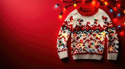 Ugly Christmas Sweater with Lights, Isolated on Red Background, Ideal for Tacky Holiday Sweater Concepts and Christmas Party Themes.