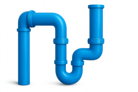 Realistic interconnected blue plumbing pipes with curved joints isolated on transparent background, ideal for pipeline construction, plumbing system advertisements, and engineering visuals.


