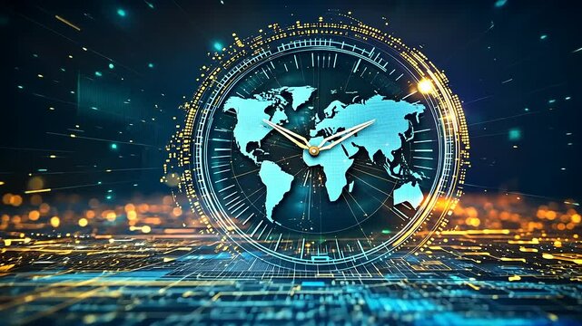 Abstract representation of time and geography with a world map clock surrounded by digital elements - Powered by Adobe