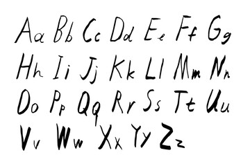 Alphabet is handwritten in black pen scrawl on white background. Doodle style English letters are uppercase and small in primitive style.