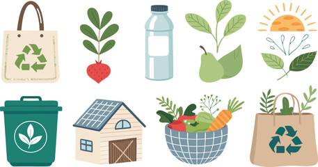 Colorful flat Icon Set of Sustainable Living and Green Lifestyle on White Background.