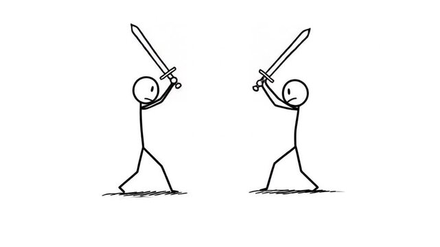 Stick figures dueling with swords graphic design element