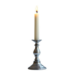 A single lit white candle in a classic silver candlestick holder isolated on transparent background