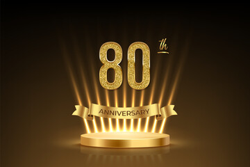 Eightieth anniversary gold award podium. 80 years celebration birthday or jubilee vector background. Luxury stage with glowing rays, glittering number 80 and ribbon with text anniversary on black.