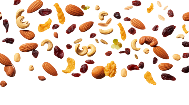 Delectable nuts and dried fruits create a vibrant, healthy snack mix Isolated on transparent Background 