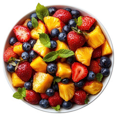 Obraz premium A vibrant and refreshing bowl of mixed fruit salad featuring ripe strawberries juicy blueberries and sweet pineapple chunks garnished with fresh mint leaves isolated on transparent background