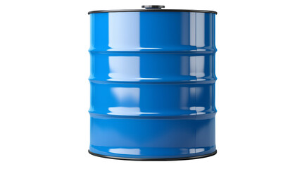 A shiny blue metal barrel stands tallIsolated on transparent Background , industrial supply.