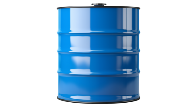 A shiny blue metal barrel stands tallIsolated on transparent Background , industrial supply.