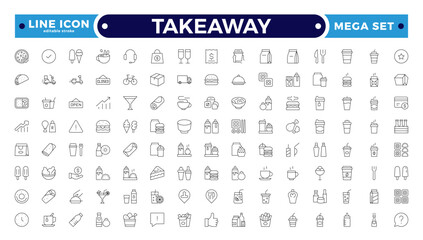 Takeaway Outline icon set. Fast food outline icons. Fast food vector icon line set. Burger sandwich pizza hot dog cola coffee sweets. Editable stroke outline icon.

