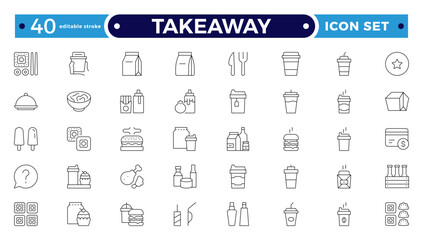 Takeaway Outline icon set. Fast food outline icons. Fast food vector icon line set. Burger sandwich pizza hot dog cola coffee sweets. Editable stroke outline icon.
