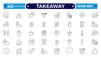 Takeaway Outline icon set. Fast food outline icons. Fast food vector icon line set. Burger sandwich pizza hot dog cola coffee sweets. Editable stroke outline icon.
