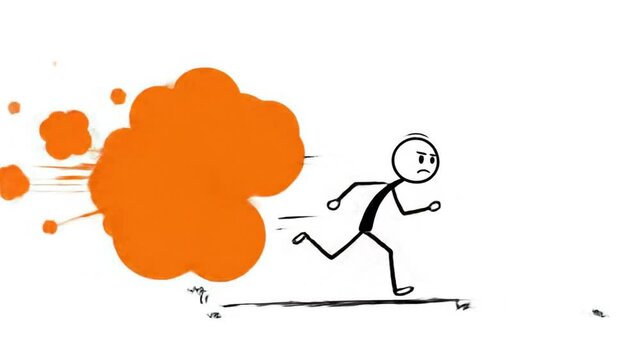 Stick figure running away from abstract orange objects