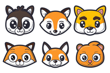 Obraz premium Cute and Playful Animal Faces Collection Featuring Raccoon, Fox, Cat, and More Ideal for Kids' Crafts, Education, and Creative Projects