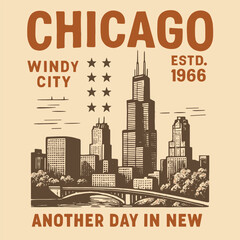 Obraz premium Chicago vintage city illustration, Illinois lettering t-shirt design, vector typography artwork, retro urban graphic print