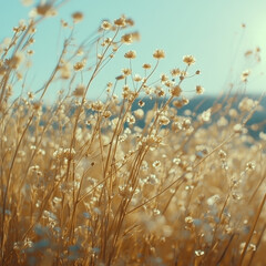 Obraz premium Golden wildflowers sway gently in sunlit meadow, creating serene and dreamy atmosphere. soft focus and warm tones evoke sense of tranquility and natural beauty