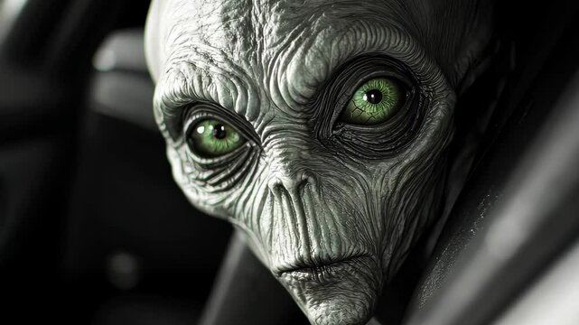 Scary alien with green eyes stares from passenger seat in dark vehicle, Scary alien in passenger seat green eye stare