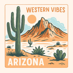 Western desert vector graphics, vintage cactus t-shirt design, Arizona retro slogan print, cowboy cowgirl apparel art © Retropix