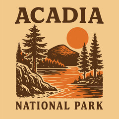 Acadia National Park slogan graphic, vintage hand-sketched forest design, autumn winter t-shirt and sweatshirt artwork