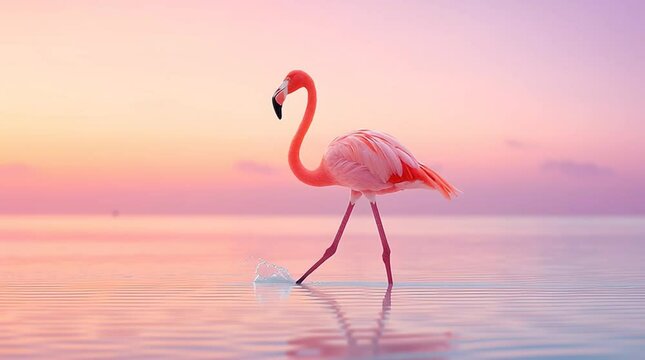 Pink flamingo bird standing in shallow water during colorful sunset with soft pastel sky and calm water reflection creating peaceful serene nature wildlife scene