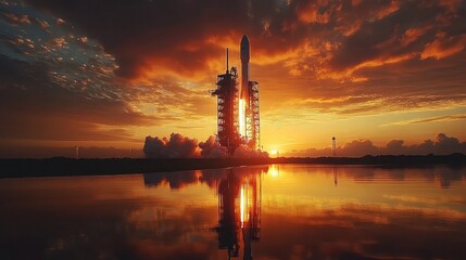 Space Rocket Launch: Sunset on the Launch Pad for Space Exploration and Technology Concepts.