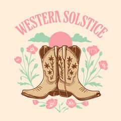 Pink cowgirl boots vector art, western rodeo silhouette design, hand-drawn ranch slogan print for t-shirts