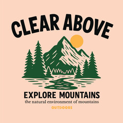 Mens vintage adventure t-shirt, hand-sketched mountain river camping graphic, retro outdoors wilderness print design