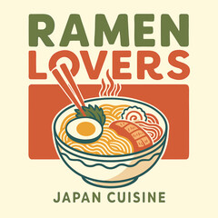Amen Club Hand Drawn Japanese Ramen Food Graphic - T-Shirt Design with Noodle Bowl, Chopsticks, Fried Shrimp and Eggs