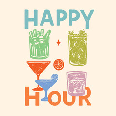 Cocktails Retro Poster Vector Set, Vintage Pencil Sketch Engraving Style, Party Drink Labels, Bar Menu Design, T-Shirt Print Illustration