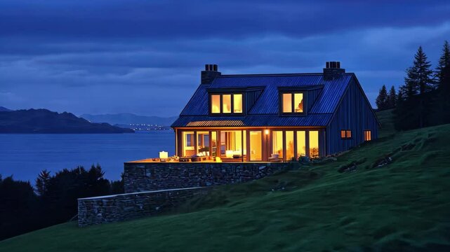 Elevated house illuminates the twilight landscape overlooking scenic waterfront views, Elevated house illuminated at twilight overlooks scenic Sound of Mull Scotland