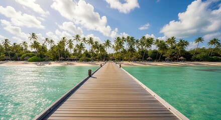 Fototapeta premium Wooden pier extending over turquoise water to a tropical island with palm trees, bright sky, perfect for vacation, resort, and paradise backgrounds.