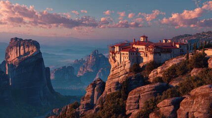 Meteora monastery sunset Greece landscape travel destination mountains architecture culture tourism