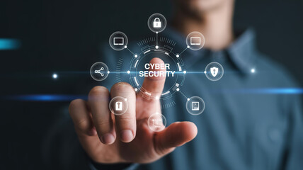 Person touching a digital interface with cyber security icons and network connections