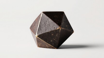 Icosahedron displays a geometric dark crystal with golden seams against a clean white backdrop