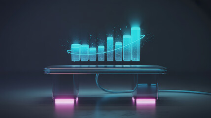 Futuristic holographic bar chart displaying financial growth on a modern desk