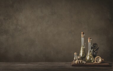 Vintage apothecary bottles and tools display