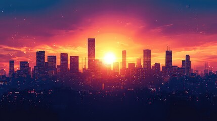 Skyline Silhouette with City Buildings at Sunset - Office Building Design, City Skyline, Blueprint Drawing, and Residential Architecture for Urban Development and Luxury Construction Projects
