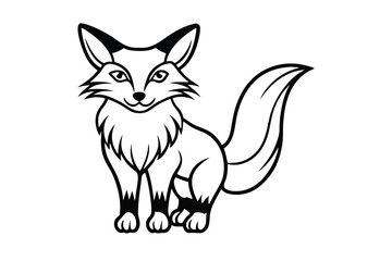 A cute black and white fox with fluffy tail stands attentively here