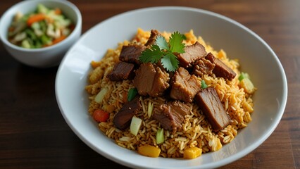 Fototapeta premium Savory fried rice topped with tender meat and fresh cilantro